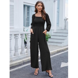 AUXDIO Jumpsuits for Women Fall Casual Dressy Square Neck Loose Elastic Waist Long Pant Romper with Pocket Party Black L