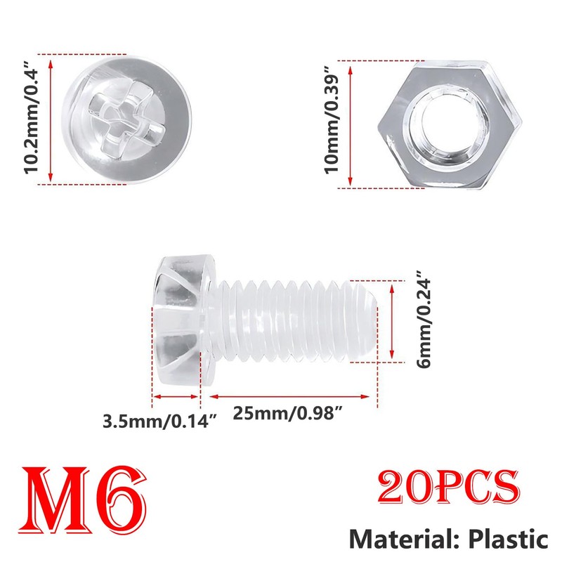 Qrity Pack of 20 Screws and Nuts Kit, M6 x