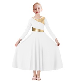 ORIDOOR Girls Praise Dance Dress Metallic Gold Liturgical Worship Church Robe Full Length Swing Lyrical Costume,White,Tag140,9-10-Years