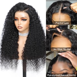 Water Wave Glueless Wig Human Hair 22 Inch 200 Density Wear and Go Glueless Curly Wig Human Hair Pre Plucked Natural Hairline 6x5 Pre Cut HD Closure Lace Wig for Women