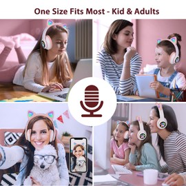 TCJJ - Auriculares Bluetooth 6.0 con orejas de gato para niñas, con luz LED, límite de volumen seguro de 85dB, auriculares plegables inalámbricos con sonido estéreo para niños pequeños y con cable de