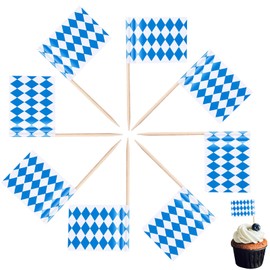 Pack of 100 Bavaria Oktoberfest Toothpick Flags for Bavarian Oktoberfest Decoration Sandwich Blue White Cupcake Toppers Cocktail Fruit Tableware Party Supplies Pub Decor