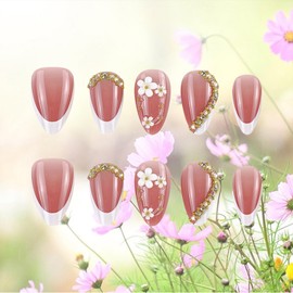 White French Tips Press on Nails 24Pcs Rhinestones Stick on Fingernails Flower Medium Almond False Nails Glossy Nude Acrylic Fake Nail Curve Line Gel Glue on Nail for Coquette Women Girls