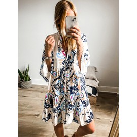miduo Womens Beach Dresses Summer Casual V Neck 3/4 Sleeve Button Printed Pleated Babydoll Mini Tunic Short Dresses Navy XL