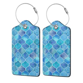 Vintage Blue Luggage Tags for Suitcases,Watercolor Moroccan 2 Pack Baggage Tag Label with Steel Loop,Handbag School Bag Backpack Traveling Accessories,Cute Unique Gifts for Women Men