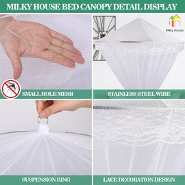 Bed Canopy, Princess Bed Curtain Net for Single to King Size, Canopy Bed Curtains Round Lace Dome Cover for Girls Boys Adults, Bedroom Decoration Bed Canopy with Strong Sticky Hook Easy Install, White