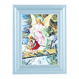 Guardian Angel Picture Framed Wall Art Decor, Small, Pearlized Fluted Baby Blue Frame with Beaded Lip