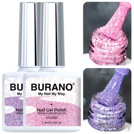 BURANO Pink Reflective Glitter Gel Nail Polish, 2 Bottles UV Sparkle Nail Polish Purple Gel, 7.3ml Holographic Glitter Polish Curing Need for Nail Salon Home DIY S21 S9