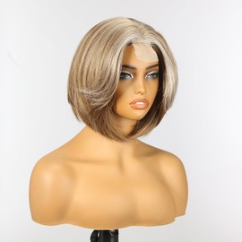 KOME Blonde Highlight Short Bob Wigs,Straight Shoulder Length Wigs for Women,Middle Part Heat Resistant Fibre Synthetic Wig Daily Use 10IN