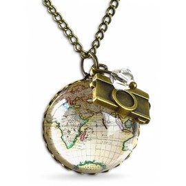 MadamLili Globetrotter Women's Necklace World Map Chain with Camera - Handmade, Brass Glass, No Gemstone