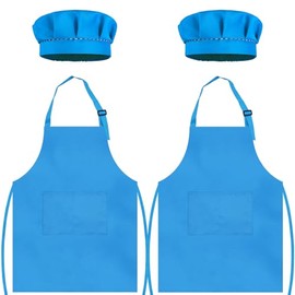 TOPWAYS Kids Apron and Chef Hat Set, kids Aprons for Cooking 2 Pack, Adjustable Toddle Kitchen Chef Apron, Kids Artist Painting Apron Bib with Two Pockets for Kids 3 4 5 6 years (2 x sky blue, M)