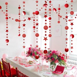 52Ft Red Twinkle Circle Dot Star Garland Decoration,Hanging Shiny Paper Garland for Backdrop Kid Room Birthday Baby Shower Wedding Graduation
