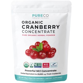 USDA Organic Cranberry Concentrate (50:1) Powder - 500mg is Equivalent to 25,000mg of Fresh Cranberries - for Kidney Cleanse & UTI Support Vitamins - Women - Supplement - 100 Servings - No Pills