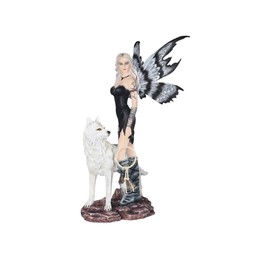 ICE ARMOR 22.25" H Black Fairy Holding Dream Catcher with Snow Wolf Statue Fantasy Decoration Figurine Large Sculpture