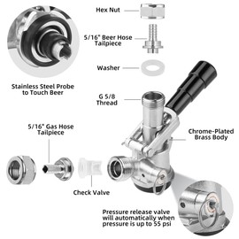 TMCRAFT Keg Coupler, Stainless Steel Probe Brass Body S System Sankey Keg Tap Coupler for I.D 5/16'' Draft Beer Line Gas Brewing Tubing with Check Valve Sealing Washer& Hose Clamp