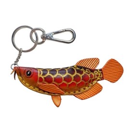 Handmade Leather Arowana Fish Keychain, 5.5 Inches Long, 2 Inches Wide, Koi Carp, Fishing Keychain for Men and Women (dark red-orange tail)