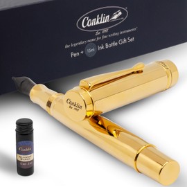 Conklin Duragraph Metal Gold Fountain Pen Medium Nib + Free 15ml Ink Bottle – Elegant Executive Gift for Writers, Professionals, Pen Collectors
