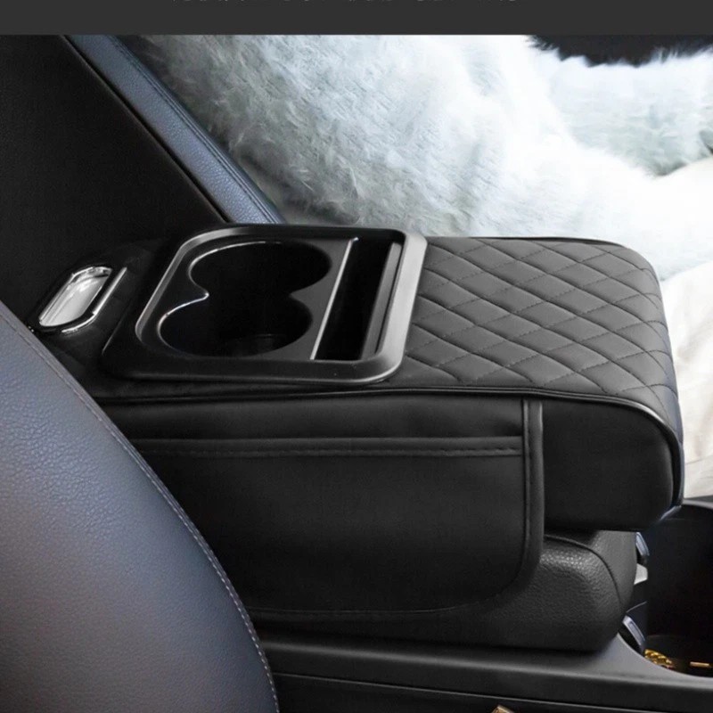 Unbranded Car Center Console Cover Leather Armrest Cushion with Cup