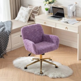 Office Chair,Artificial Rabbit Hair Home Office Chair with Golden Metal Base,Adjustable Desk Chair Swivel Office Chaircolor: Violet + Velvet + Foam