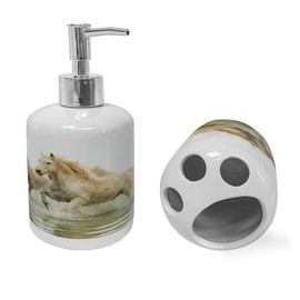 Ambesonne Horses Soap Dispenser & Toothbrush Holder Set, Camargue Horses in Water Oldest Breed Southern France Origin Photo, Ceramic Bathroom Toiletry Accessories, 2 Pcs, White Beige