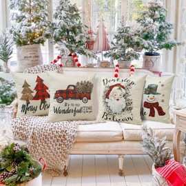 OTOSTAR Decorative Christmas Pillow Covers 18x18 Inch Outdoor Waterproof Throw Pillow Covers Black Red Plaid Truck Case Cushion Garden Snowman Tree Pillowcase for Indoor Patio Couch Tent Pack of 4