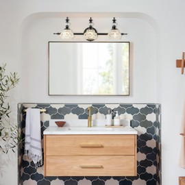 LMSOD 3 Lights Bathroom Vanity Light Fixtures,Matte Black Farmhouse Vintage Wall Sconce Lighting with Glass Shade, Bath Vintage Wall Mounted Lamps for Mirror G9 Base