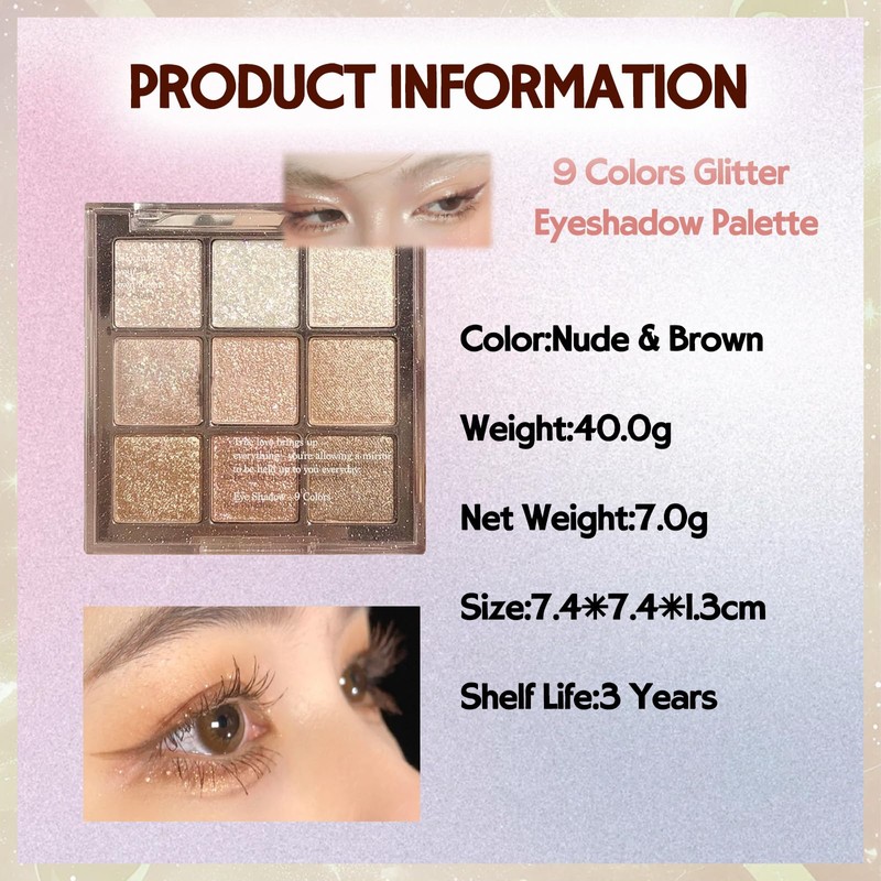 9 colours glitter eyeshadow palette, gold white pink palette, natural,
