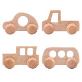 Yeqqzq 4 Pcs Wooden Toy Cars, Natural Beech Wood Baby Push Cars, Baby Kids Montessori Toys for Boys Girls Toddlers