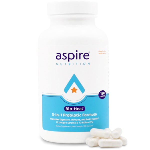 Aspire Nutrition 5-in-1 Bio-Heal® Probiotic for Kids, Men & Women - Best Supplement for Brain Function, Gut Health & Constipation - Shelf Stable & Fortified with Vitamin, Mineral & Prebiotics Capsules