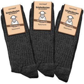 Normani 100 % Sheep's Wool Socks, 3 Pairs, Norwegian Socks, Size 2 - 14.5, grey, 47/50