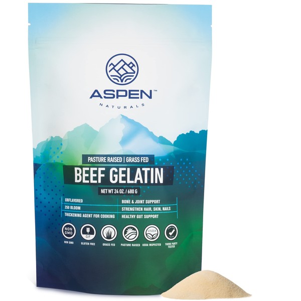 Aspen Naturals Grass Fed Beef Gelatin Powder. Pasture Raised, Grass-Fed Gelatin, Non-GMO, Paleo Friendly (24 oz). Unflavored Gelatin Powder. Easy to Mix Protein Supplement.
