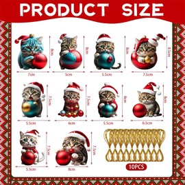 Christmas Tree Cat Pendants, Pack of 10 Funny Christmas Cat Ornament, 2D Acrylic Christmas Baubles Cat, Christmas Tree Decoration Cat, Christmas Decoration for Hanging