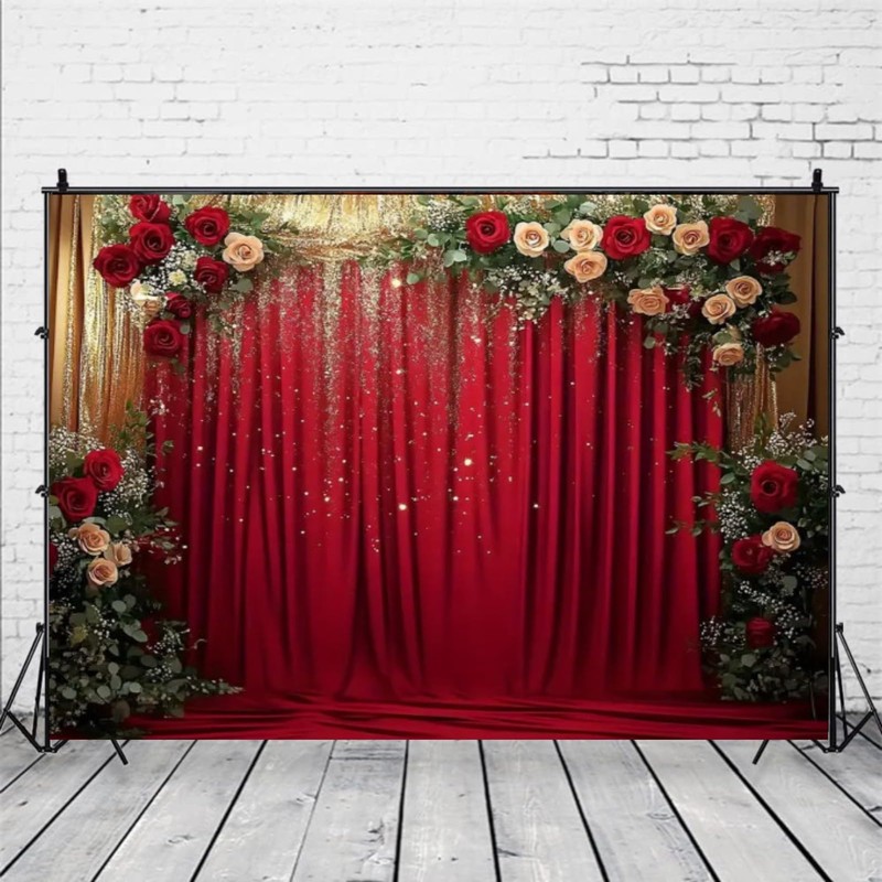 Red Rose and Gold Glitter Background Banner for Photo Booth,