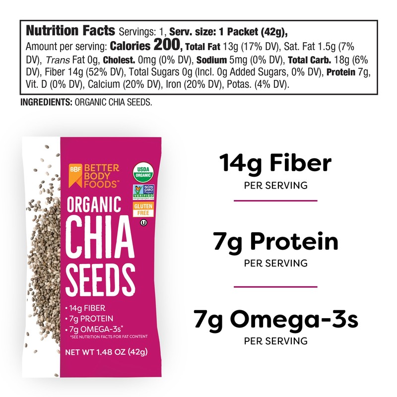 Betterbody Foods Organic Chia Seeds, 1.48 oz packets (Pack of