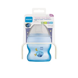 MAM Starter Cup Night Baby Drinking Cup (150 ml), Drinking Bottle for First Drinking Attempts, Sippy Cup with Luminous and Non-Slip Handles, from 4 Months, Raccoon