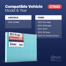 BNX TruFilter C7043 Cabin Air Filter, HEPA 99.97%, MADE IN USA, Compatible With Ford C-Max, Escape, Focus, GT, Transit Connect, Lincoln MKC, 3-Pack