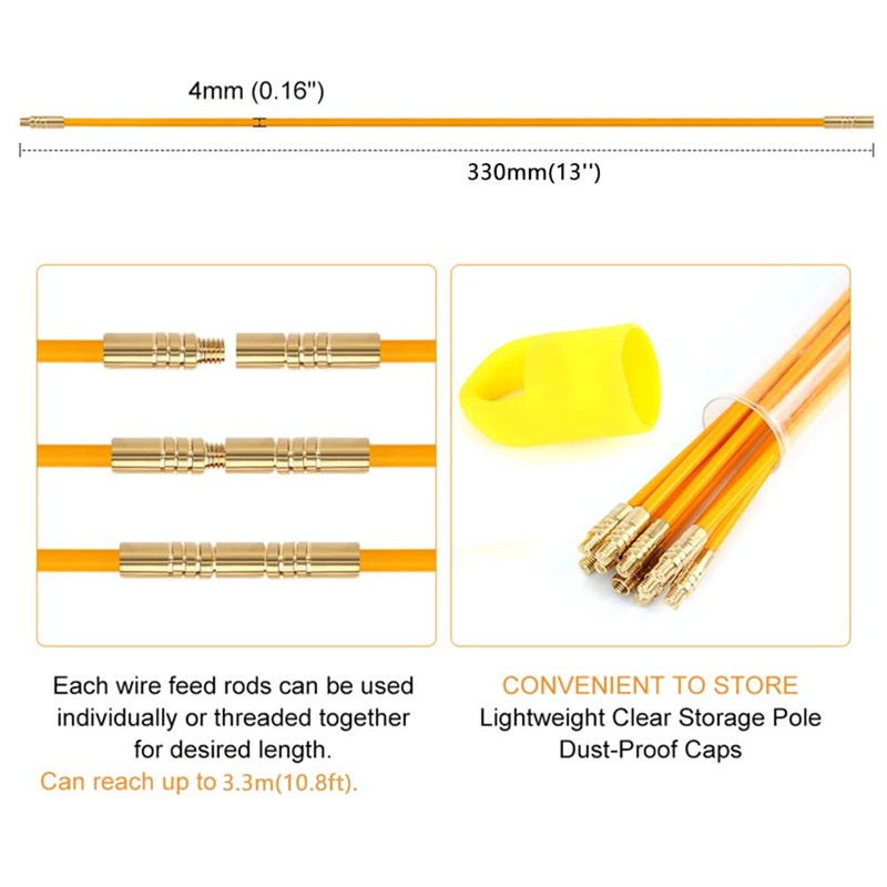 Cabling Rods, Fiberglass Electrical Connectable Fish Tape Pull Kit, 10Rods