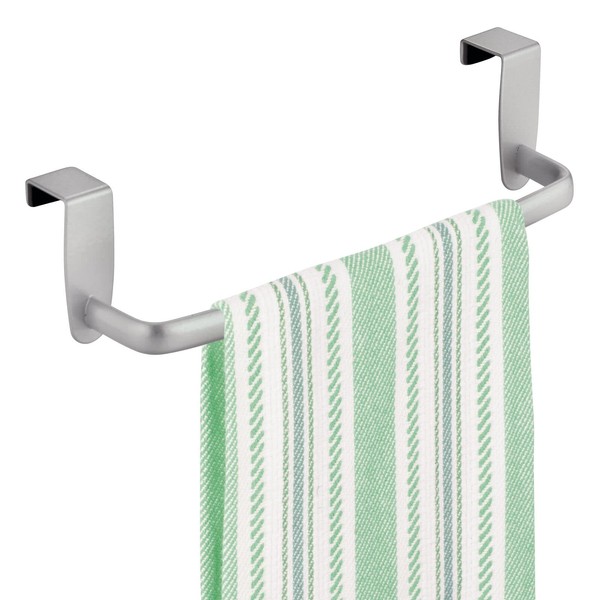 (Silver) - mDesign Modern Kitchen Over Cabinet Strong Steel Towel Bar Rack - Hang on Inside or Outside of Doors - Storage and Organisation for Hand, Dish, Tea Towels - 25cm Wide - Silver