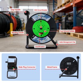 Zorky Extension Cord Storage Reel, Retractable Heavy Duty Open Cord Reel for 12/3,14/3,16/3 Gauge Extension Cord, Portable Empty Hand Wind Power Cord Roller Holder with 4-Grounded Outlets