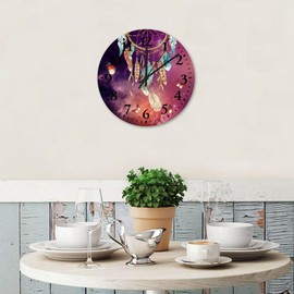 12" Silent Non-Ticking Wall Clocks Battery Boho Moon Dream Catcher Feather Home Decoration for Garage Colorful Flowers Artwork Decorative Round Wooden Wall Clock Rustic for Daycare Fitness Room