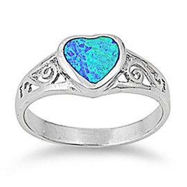 DoubleAccent Sterling Silver Simulated Blue Opal Filigree Heart Promise Ring 8mm (Size 5 to 10), 9