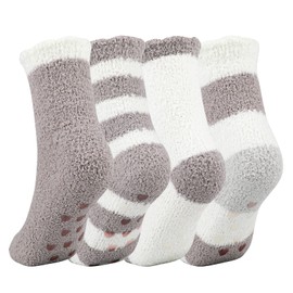 QKURT 4 Pairs Fluffy Socks, Anti-Slip Fuzzy Socks Winter Slipper Socks Bed Socks Cosy Sleep Socks Supper Warm House Socks for Women Girls