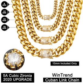 WinTrend Cuban Link Chain for Men Miami Necklace 18K Gold Stainless Steel Curb Chain with CZ Diamond Chain Choker(14mm, 9")