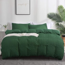 Boqingzhu Seersucker Bed Linen 155 x 220 cm Green Dark Green Summer Breathable Cooling Reversible Bed Linen Set Duvet Cover 155 x 220 cm and 2 Pillowcases 80 x 80 cm with Zip