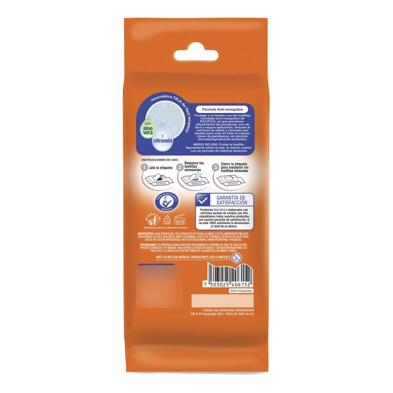 Repelente Toallitas Húmedas Pacifica Anti Mosquitos 120 Pzas