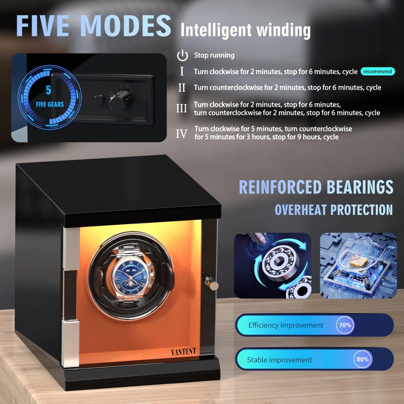 VANTENT Watch Winder for Automatic Watches with LED Lighting，Shining Finishing