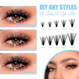 Lash Clusters C D Curl 240 Pcs Individual Lashes 10D/20D/30D/40D/50D Cluster Lashes Mixed Tray DIY Lash Extensions Long Eyelash Extension Eyelash Clusters Mink Cat Eye Lashes (40D+50D-0.07D, 15-20mm)