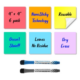 Reusable Dry Erase Sticky Notes - 6 Pack of 4″x4″ Whiteboard Stickers for Lists, Labels, Reminders & Decals - Adheres to Most Surfaces