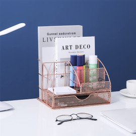 WANGCL Rose Gold Desk Organizer, Mesh Desk Organiser Pen Holder with Drawer, Multi-Use Metal Desktop Organizer, Store make up and brushes, with Phone Holder
