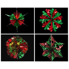 Set of 4 40cm Christmas Foil Ceiling Garland Hanging Xmas Decoration, Long Star, Snowflake, Star Ball & Star (Dark Green & Red)